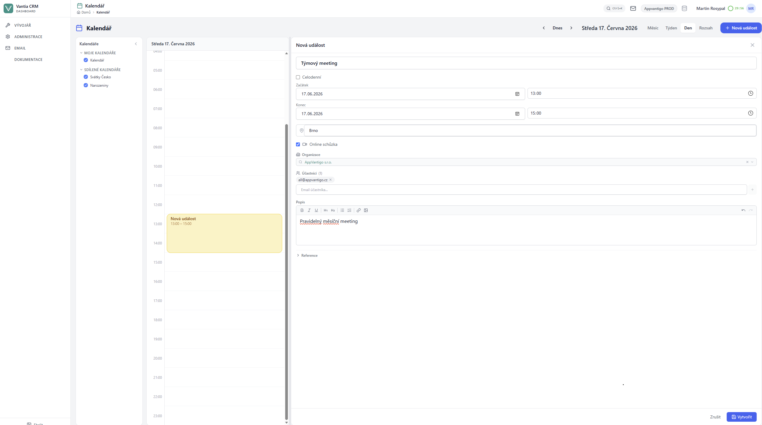 Vantia CRM — kalendář a plánování schůzek