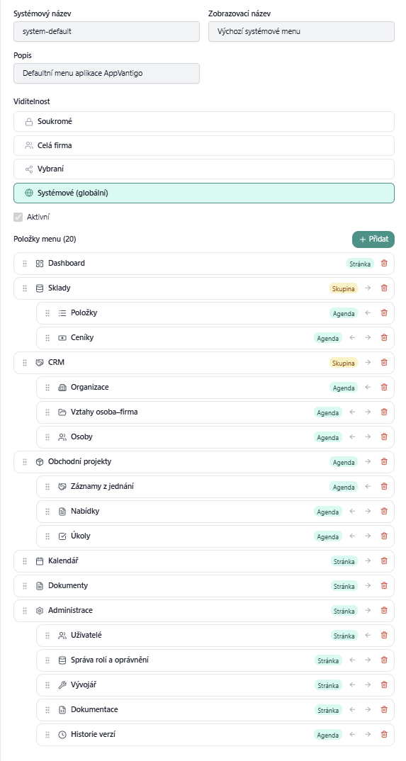 Vantia CRM — tvorba vlastního menu a úrovně viditelnosti